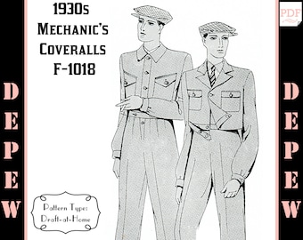 Menswear Vintage Sewing Pattern 1930s Men's Mechanic Coverall in Any Size Depew F-1018 - Plus Size -INSTANT DOWNLOAD-