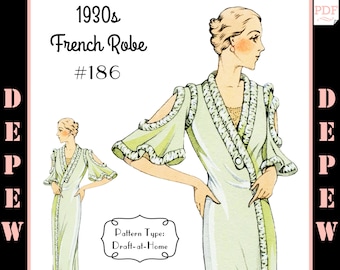 Vintage Sewing Pattern Template & Scale Rulers 1930s French Robe with Cutout Sleeves- Any Size- PLUS Size Included- 186 -INSTANT DOWNLOAD