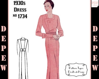 Vintage Sewing Pattern Template & Scale Rulers 1930s Day Dress in Any Size- PLUS Size Included-  1734 Draft at Home -INSTANT DOWNLOAD-