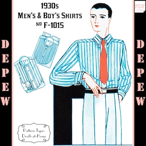 Menswear Vintage Sewing Pattern 1930s Men's and Boy's Shirt in Any Size Depew F-1015 - Plus Size -INSTANT DOWNLOAD-