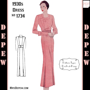 Vintage Sewing Pattern Template & Scale Rulers 1930s Day Dress in Any Size- PLUS Size Included-  1734 Draft at Home -INSTANT DOWNLOAD-