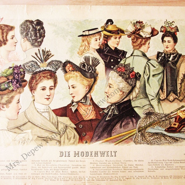 Original Stunning 1890s Ladies' Magazine German Fashion Print Page Featuring Hats and Acessories