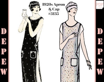 May include: A vintage sewing pattern for a 1920s apron and cap, featuring two illustrations of women wearing the garments. The pattern is labelled "1920s Apron & Cap #3135" and "Mrs. Depew.com".
