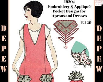 Vintage 1920s Embroidery & Appliqué Design Motifs for Dress, Apron Pockets E-120 - INSTANT DOWNLOAD