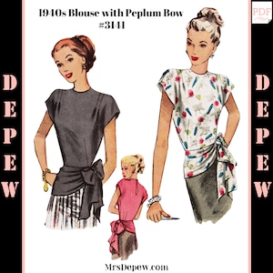 May include: A vintage sewing pattern for a 1940s blouse with a peplum bow. The pattern is illustrated with two women wearing the blouse in different fabrics. The pattern number is #3141.