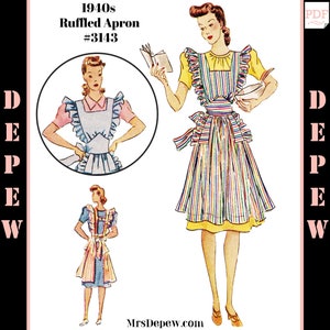 May include: A vintage sewing pattern for a 1940s ruffled apron. The pattern is illustrated with a woman wearing the apron in two different poses. The pattern number is #3143.