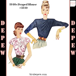 1940s Vintage Schnittmuster Damen Drapierte Bluse 82&quot; Büste #3140 -INSTANT DOWNLOAD