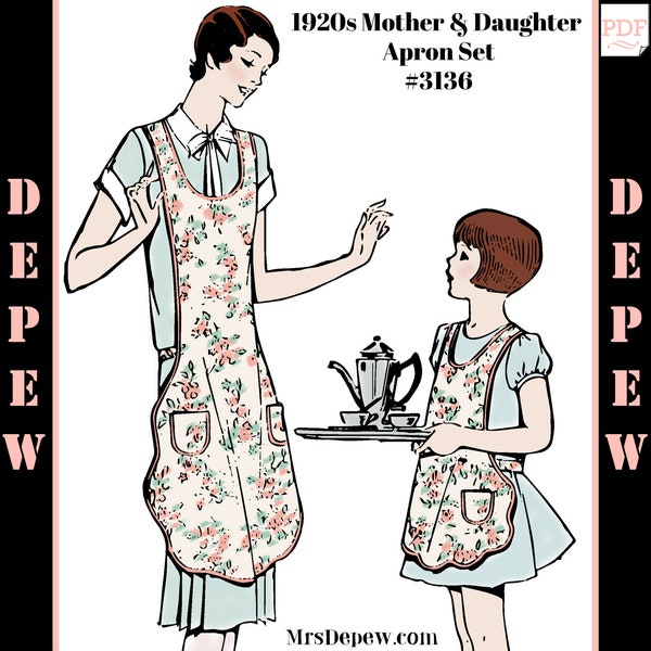 Vintage Sewing Pattern 1920s Mother Daughter Apron #3136 Sizes 2, 4, 6, 8, S, M, L, XL - INSTANT DOWNLOAD