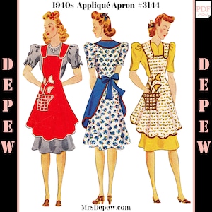May include: Three vintage 1940s style aprons with applique designs. The aprons are red, blue, and yellow with floral patterns and a basket design. The aprons are shown on three women wearing dresses. The text "1940s Applique Apron #3144" is at the top of the image.
