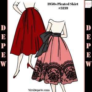 1950s Vintage Sewing Pattern Ladies&#39; Pleated Skirt with Pockets and Sash #3139 - INSTANT DOWNLOAD