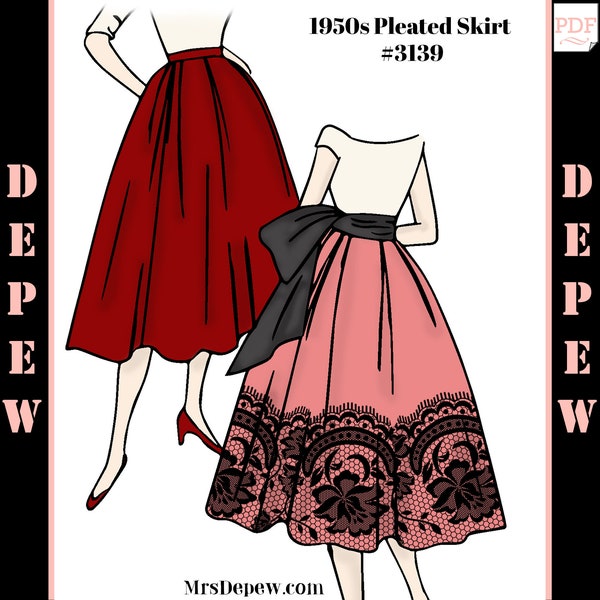 1950s Vintage Sewing Pattern Ladies' Pleated Skirt with Pockets and Sash #3139 - INSTANT DOWNLOAD