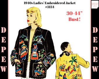 Vintage Sewing Pattern 1940s Ladies' Embroidered Jacket #3134 with Mexico Souvenir Theme  - INSTANT DOWNLOAD