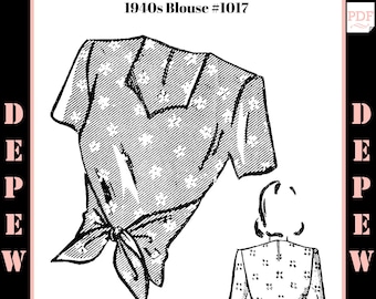 Vintage Sewing Pattern 1940s Blouse 32 34 36 38 40 42 44" Bust #1017 -INSTANT DOWNLOAD-