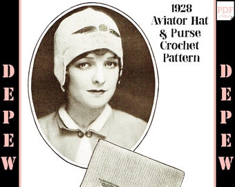 Vintage Crochet Pattern 1920s Aviator Hat and Purse Pattern -INSTANT DOWNLOAD PDF-