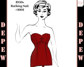 Vintage Sewing Pattern 1950s One Piece Bathing Suit Depew 1001 -INSTANT DOWNLOAD-