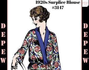 Vintage Sewing Pattern 1920s Ladies' Surplice Wrap Blouse #3147 - INSTANT DOWNLOAD