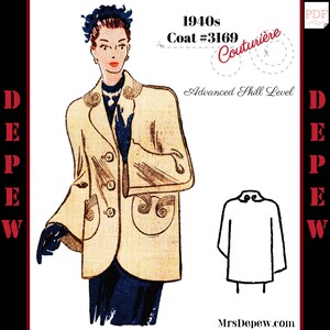 Peut inclure: Un patron de couture vintage pour un manteau des années 1940, intitulé "Couturière" et "Niveau de compétence avancé". Le patron comprend une illustration grandeur nature d'une femme portant le manteau, et une illustration plus petite du dos du manteau.