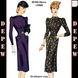 Peut inclure: Deux patrons de robes vintage des années 1940, n° 3168. La robe de gauche est de couleur unie violette avec un corsage ajusté et une jupe ample. La robe de droite est à imprimé floral noir et blanc avec un corsage ajusté et une jupe ample. Les deux robes ont des manches longues et une taille cintrée.