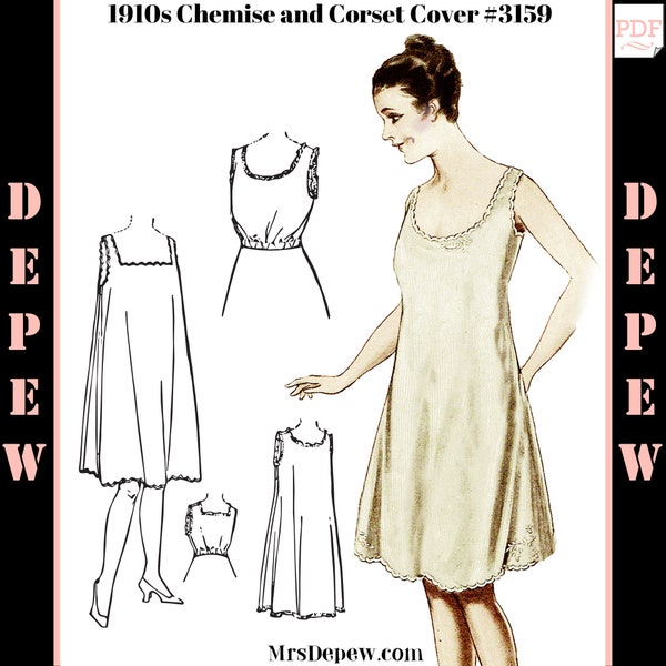 Vintage Sewing Pattern Ladies' 1910s Chemise Slip and Corset Cover #3159 -INSTANT DOWNLOAD PDF