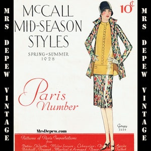 May include: Vintage fashion illustration from 1928, featuring a woman in a yellow outfit with a patterned coat and skirt. The image is an advertisement for McCall Mid-Season Styles, Spring-Summer 1928, with the text "Paris Number."