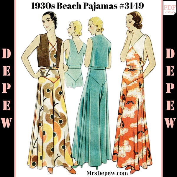 vintage Sewing Pattern 1930s Beach Pyjama Wide Leg Pantalon & Bolero #3149 Mutlisize - INSTANT DOWNLOAD PDF