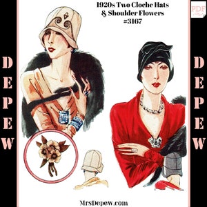 May include: Two vintage 1920s cloche hats with shoulder flowers. The hats are black and beige with a black and white floral design. The image also includes the text "1920s Two Cloche Hats & Shoulder Flowers #3167" and "MrsDeppew.com".