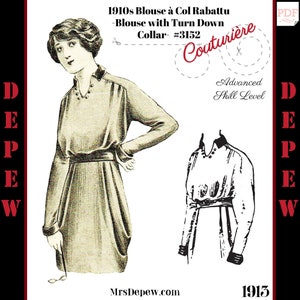 Könnte beinhalten: Ein Vintage-Schnittmuster für eine Bluse aus den 1910er Jahren mit einem umgeklappten Kragen. Das Schnittmuster ist mit "Couturière" beschriftet und enthält eine Strichzeichnung der Bluse sowie eine Ganzkörperillustration einer Frau, die die Bluse trägt. Der Text "Fortgeschrittenes Können" ist ebenfalls auf dem Schnittmuster enthalten.