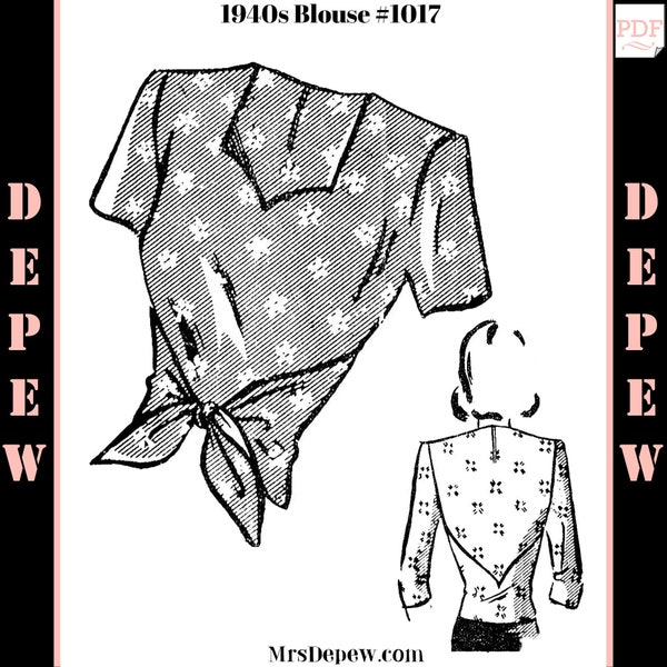 Vintage Sewing Pattern 1940s Blouse 32 34 36 38 40 42 44" Bust #1017 -INSTANT DOWNLOAD-