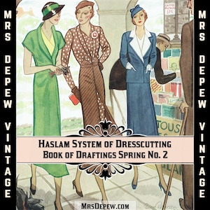 Peut inclure: Une illustration vintage de trois femmes portant des robes dans un décor urbain. L'illustration est tirée d'un livre intitulé "Haslam System of Dresscutting Book of Draftings Spring No. 2".