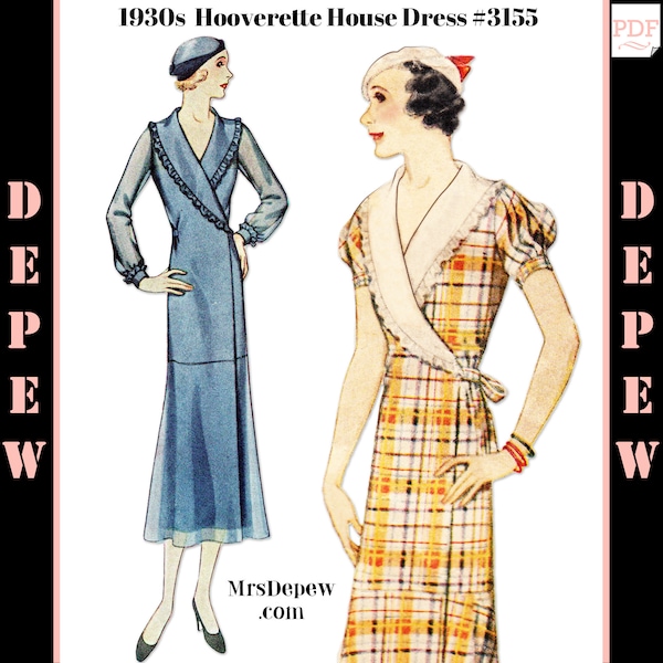 Vintage Sewing Pattern 1930s Ladies Hooverette House Dress #3155 - INSTANT DOWNLOAD