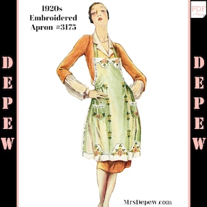 Könnte beinhalten: Eine Vintage-Illustration einer Frau, die eine grüne und weiße bestickte Schürze mit Blumendetails trägt. Die Schürze hat zwei Taschen und einen weißen Spitzenbesatz. Der Text "1920s Embroidered Apron #3175" befindet sich oben im Bild.