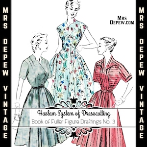 Op de afbeelding: Vintage naai-patroonillustratie met drie vrouwen die verschillende jurken dragen. Het patroon is voor het Haslam-systeem van kledingknippen, Boek met patronen voor vollere figuren nr. 3.