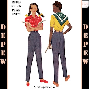 May include: A vintage sewing pattern illustration featuring two women wearing high-waisted pants. The women are wearing different tops, one in red and white plaid and the other in yellow with a green bandana. The pattern is titled "1940s Ranch Pants #3177".