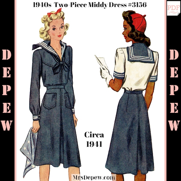 Vintage Sewing Pattern 1940s Ladies' Two-Piece Middy Sailor Dress, Blouse or Skirt #3156 - INSTANT DOWNLOAD