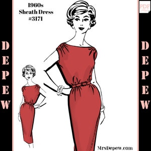 Könnte beinhalten: Ein Vintage-Schnittmuster für ein Etuikleid aus den 1960er Jahren, #3171, mit einem schlichten, eleganten Design, einem runden Ausschnitt und einer figurbetonten Silhouette. Das Schnittmuster ist mit einer Strichzeichnung einer Frau illustriert, die das Kleid trägt.
