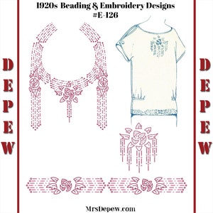May include: A vintage design for beading and embroidery, featuring a necklace, a blouse with a neckline design, a sleeve cuff design, and a border design. The design is in red and white on a white background. The text "1920s Beading & Embroidery Designs #E-126" is at the top of the image. The text "DEPEW" is on the left and right sides of the image. The text "MrsDepew.com" is at the bottom of the image.