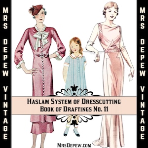 Peut inclure: Illustration vintage de trois femmes portant des robes. Les femmes portent des robes roses, bleues et blanches. L'illustration est tirée du livre Haslam System of Dresscutting Book of Draftings No. 11.