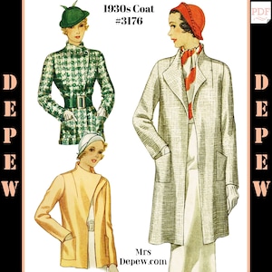 May include: Three vintage illustrations of women wearing different styles of coats. The first coat is green and white plaid, the second is a long white coat, and the third is a yellow coat. All three women are wearing hats.