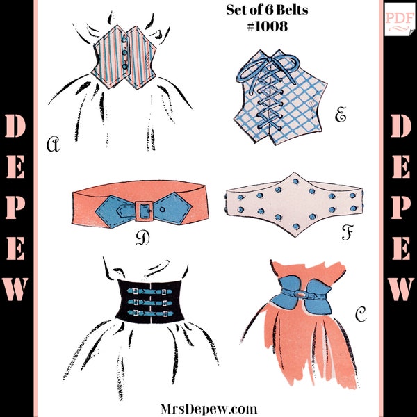 Vintage Sewing Pattern 1940s Style Belts and Cummerbunds Size Medium Depew #1008 -INSTANT DOWNLOAD PDF-