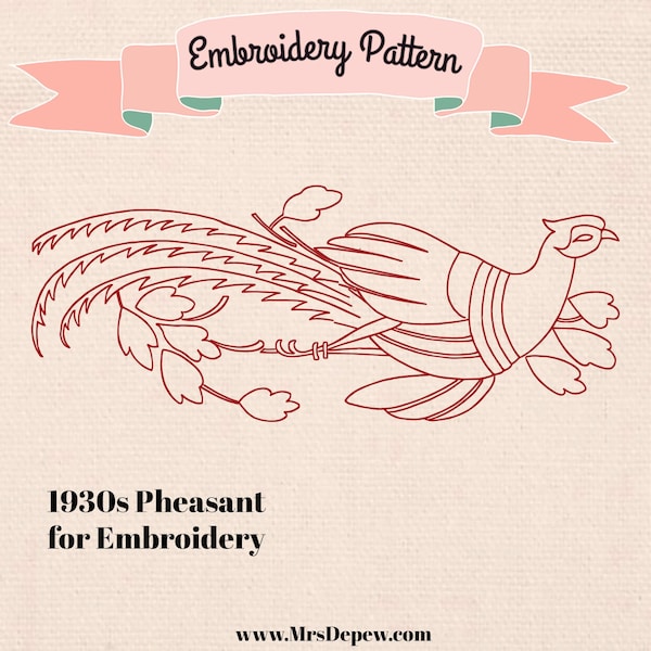 Vintage Style Embroidery Design Motifs for Embroidering 1930s French Pheasant E116 - INSTANT DOWNLOAD