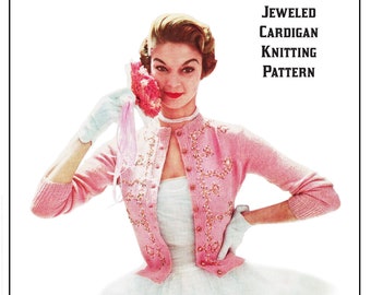 Vintage 1950s Ladies' Jeweled Cardigan Knitting Pattern 702-1 30 32 34 36 38 Bust- INSTANT DOWNLOAD