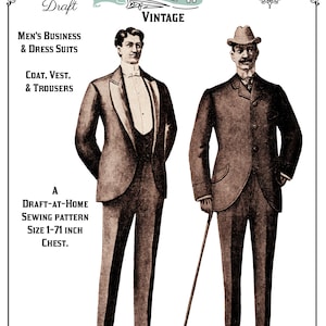 May include: Vintage sewing pattern illustration featuring two men in business suits. The image includes text that reads "Mrs. Depew Vintage" and "Men's Business & Dress Suits, Coat, Vest, & Trousers." The pattern size is for a 1-71 inch chest.