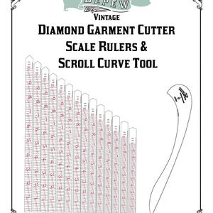 May include: A vintage-style graphic featuring tools for garment cutting. The image includes scale rulers, a scroll curve tool, and the text "Diamond Garment Cutter, Scale Rulers & Scroll Curve Tool." The design is framed with decorative flourishes and the text "Mrs. Depew Vintage."