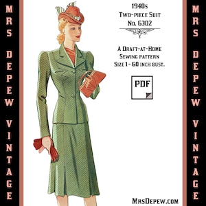 Op de afbeelding: Vintage naaipatroon voor een tweedelig pak uit de jaren 1940. De illustratie toont een vrouw in een groen pak, hoed en handschoenen, met een handtas. Het patroon is een doe-het-zelf ontwerp, met borstmaten van 2.5 tot 152 cm.