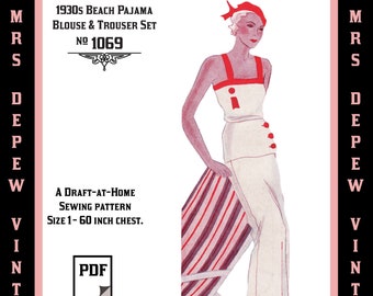 Vintage Sewing Pattern 1930s Blouse and Trousers Beach Pajama in Any Size Depew 1069 - PLUS Size Included -INSTANT DOWNLOAD-