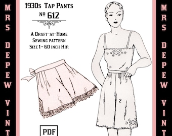 Vintage Sewing Pattern Template & Scale Rulers 1930s French Tap Pants in Any Size- PLUS Size Included-  612 -INSTANT DOWNLOAD-