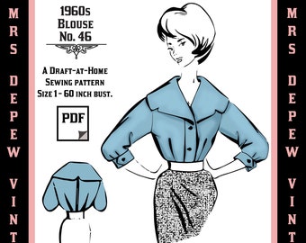 D-A-H Vintage Sewing Pattern Template & Scale Rulers 1960s Wide Collar Blouse - Any Size - PLUS Size Included -46B -INSTANT DOWNLOAD-