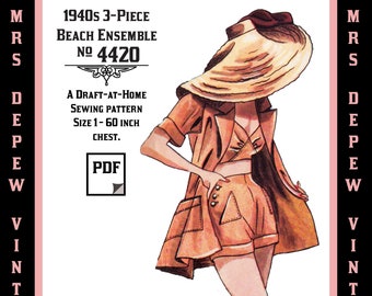 Vintage Sewing Pattern Template & Scale Rulers 1940s Top, Shorts,  Jacket Any Size -4420 Draft at Home- PLUS Size Included -INSTANT DOWNLOAD