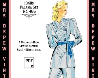 Modello di cartamodello vintage D-A-H e righelli in scala Giacca da pigiama francese degli anni '40 o vestaglia e pantaloni di qualsiasi dimensione - Taglia PLUS inclusa -466
