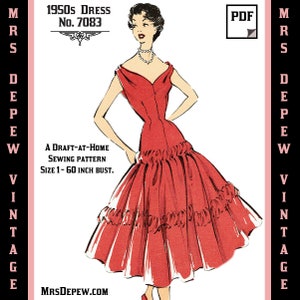 May include: A vintage 1950s dress sewing pattern,  PDF format,  for a red dress with a fitted bodice and a full skirt. The pattern is for sizes 1-60 inch bust. The pattern is from Mrs. Depew Vintage.